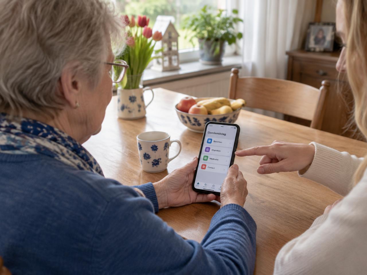 Een Buddy legt thuis aan tafel uit hoe de app op de telefoon werkt
